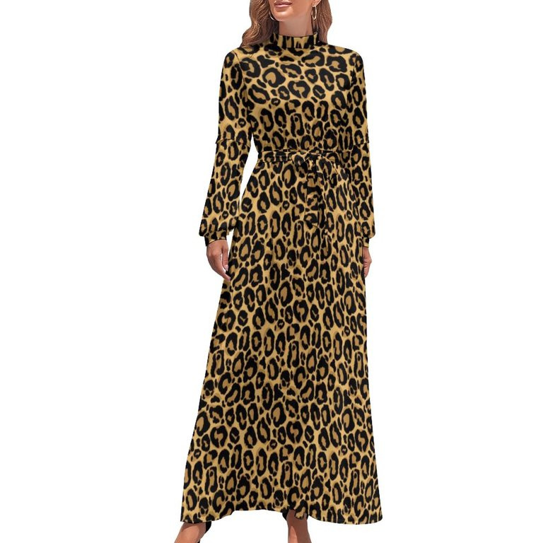 Cheetah Brown Orange Dress High Waist Leopard Animal Print Beach Dresses Long-Sleeve Street Wear ... | Walmart (US)