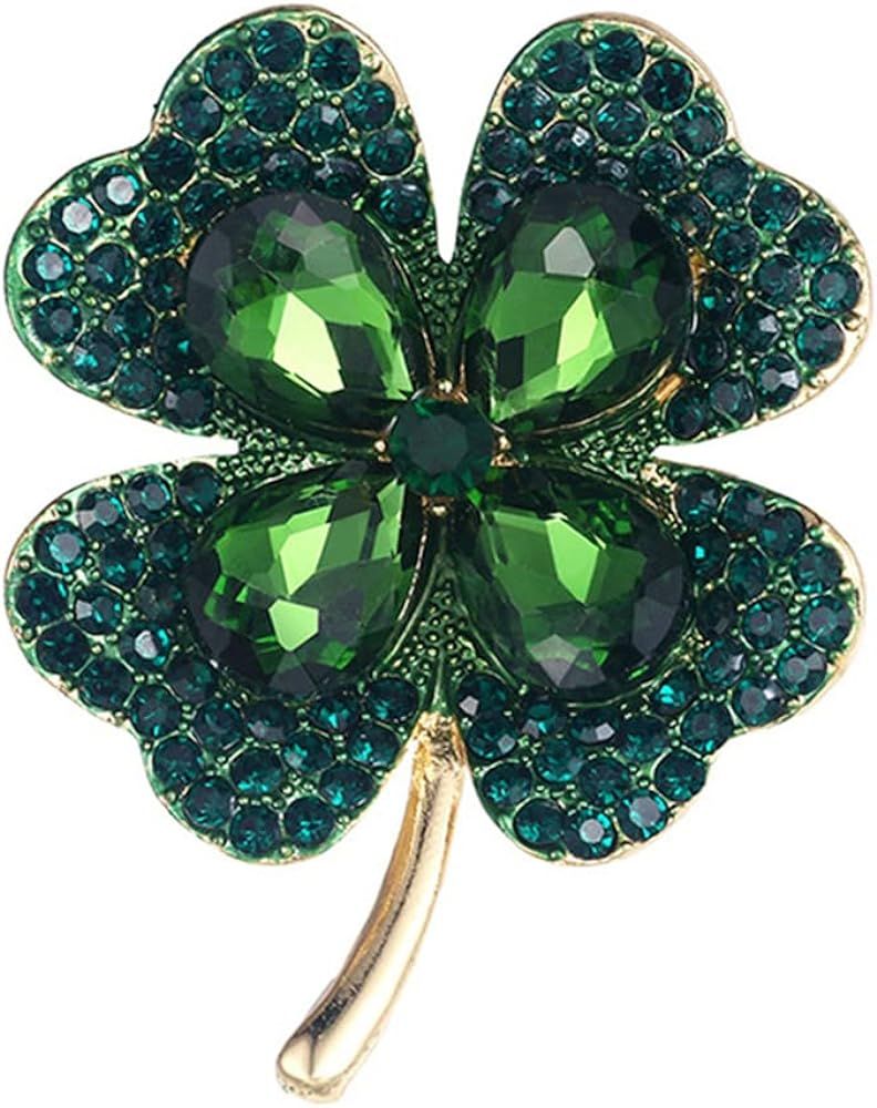 Rhinestone Green Clover Leaf Brooch Pin for Women Girls Unisex Gold Plated Vintage Crystal Flower... | Amazon (US)