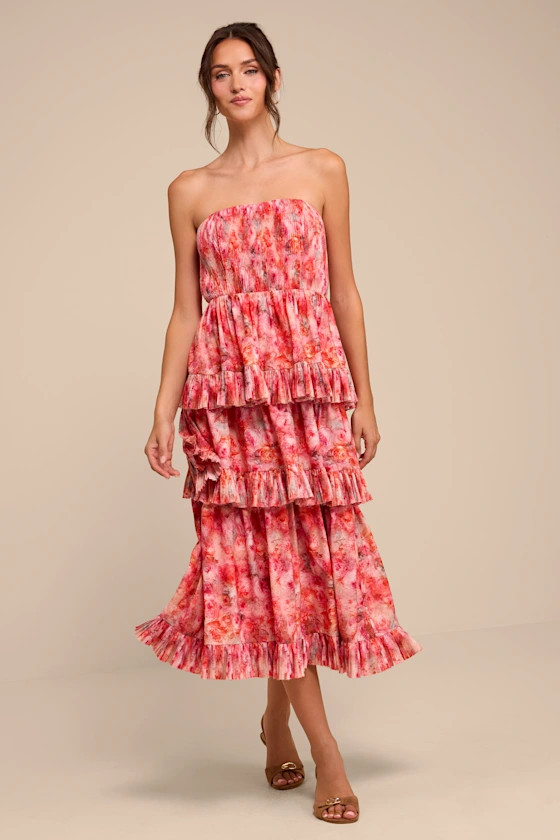 Lou Pink Multi Floral Tiered Midi Dress | Lulus