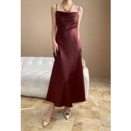 Texture Jacquard Drape Neck Satin Cami Dress in Burgundy | Chicwish