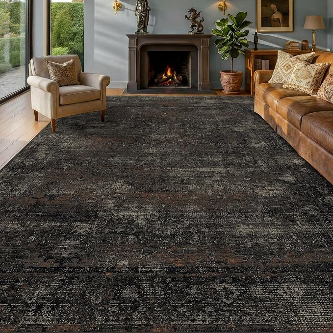 TALANOVA Black Farmhouse Washable 8x10 Area Rugs for Living Room, Dark Charcoal Volcanic Textured... | Amazon (US)