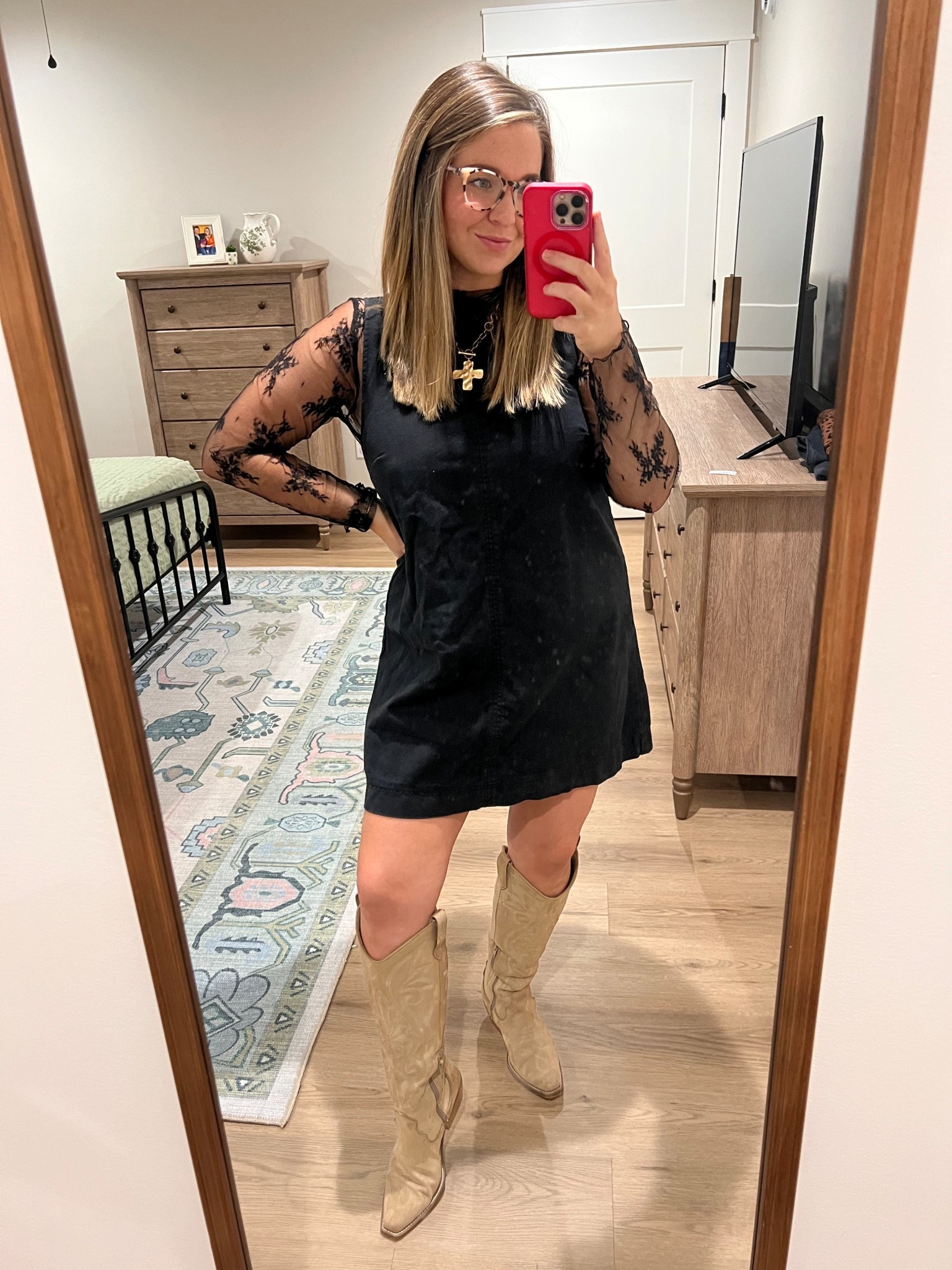 I’m so so so obsessed with this entire outfit & got so many compliments today. My fav boots paired with a black denim dress and the cutest mesh shirt underneath for the perfect fall transition fit  

#LTKStyleTip #LTKMidsize #LTKSeasonal