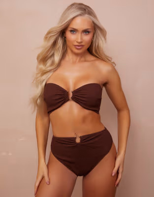 Wolf & Whistle Fuller Bust x Abby benson gold trim detail bikini in brown crinkle | ASOS (Global)