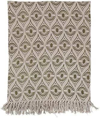 Creative Co-Op Recycled Cotton Blend Printed Pattern and Fringe Blanket Throw, Single, Green | Amazon (US)