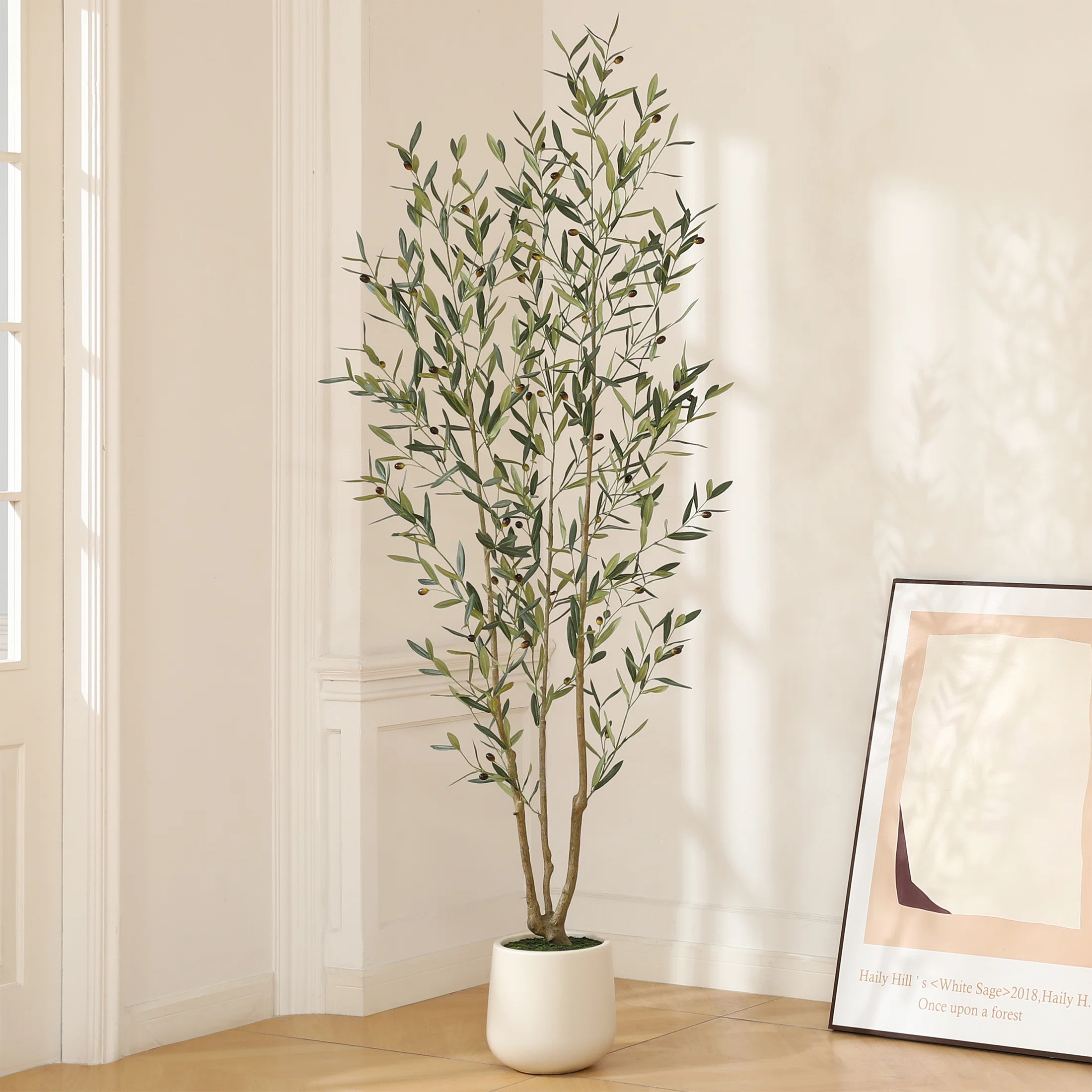 Primrue AdcockFaux Olive Tree with Round White Planter, Pre Potted Fake Greenry Olive Plant for H... | Wayfair North America