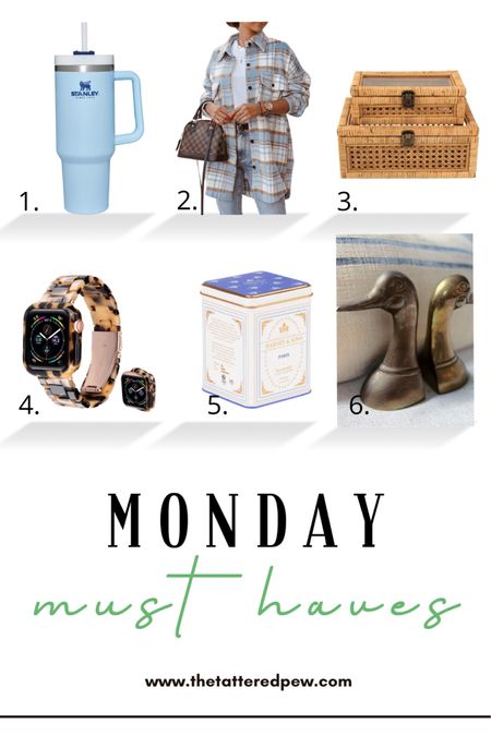 Monday Must Haves: vintage online shopping, plaid shacket, Stanley cup, cane decor boxes, tortoise shell watch band, Paris tea, brass duck bookends

#LTKstyletip #LTKhome #LTKunder50