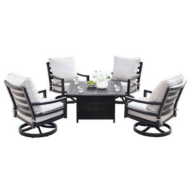 5pc Outdoor Dining Set with 42" Aluminum Square Medallion Design Fire Table & Deep Seating Swivel Rocking Chairs - Oakland Living: | Target