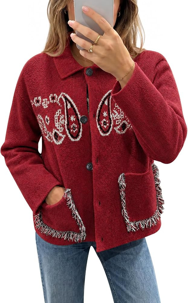Saodimallsu Womens Boho Cardigan Fringe Paisley Fall Sweater with Pockets | Amazon (US)