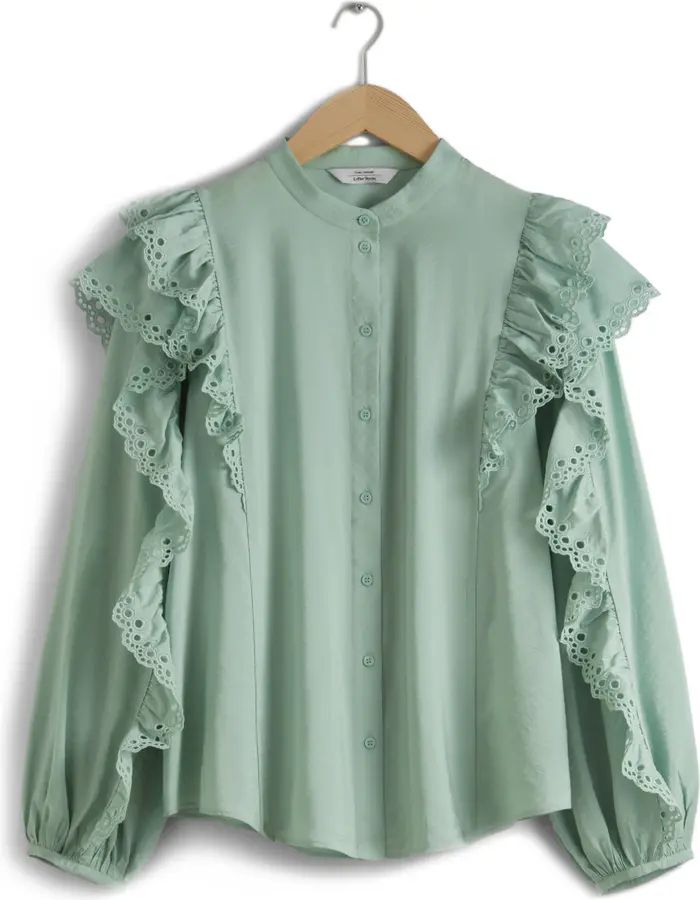 Ernestine Eyelet Ruffle Button-Up Shirt | Green Shirt | Green Blouse | Work Wear Style | Nordstrom