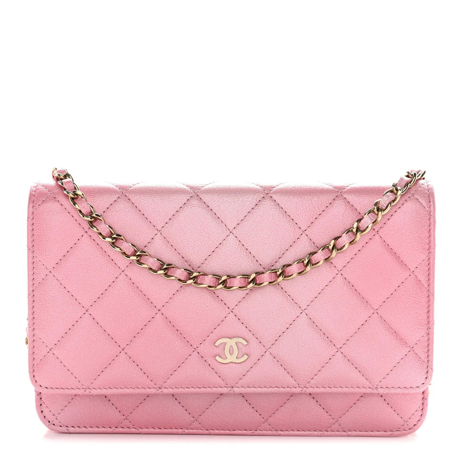 Iridescent Calfskin Quilted Wallet On Chain WOC Rose Pink | FASHIONPHILE (US)