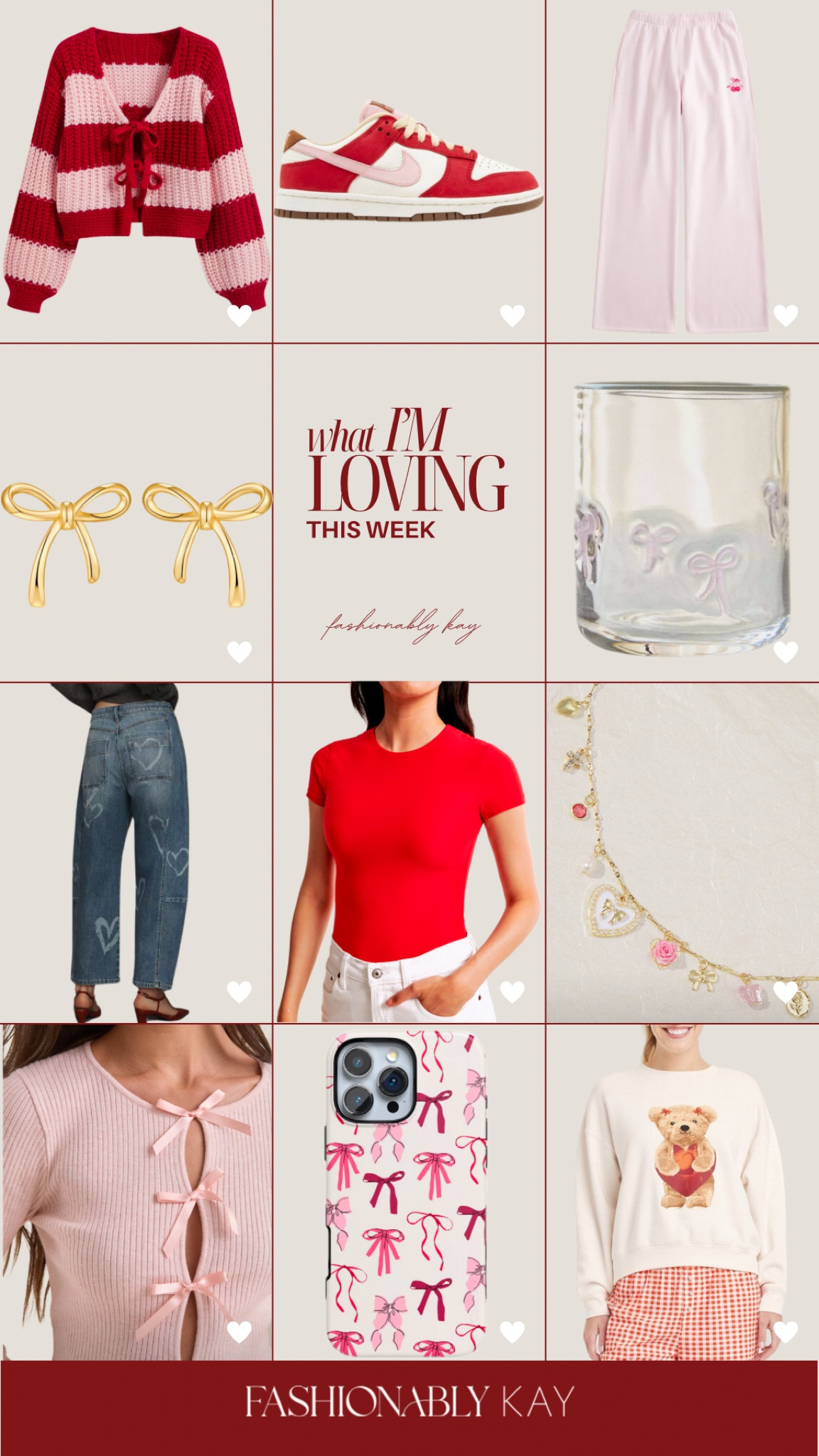 Loving this week ❤️ give me all things red, pink & bows please! So many cute pieces out for Valentine’s Day!! 🩷🎀 Some on sale, too!! 🥰

Valentine’s Day color, bow phone case, gold bow earrings, red tee, pink bow sweater, altard state, bow glasses 

#LTKShoeCrush #LTKSeasonal #LTKFindsUnder100