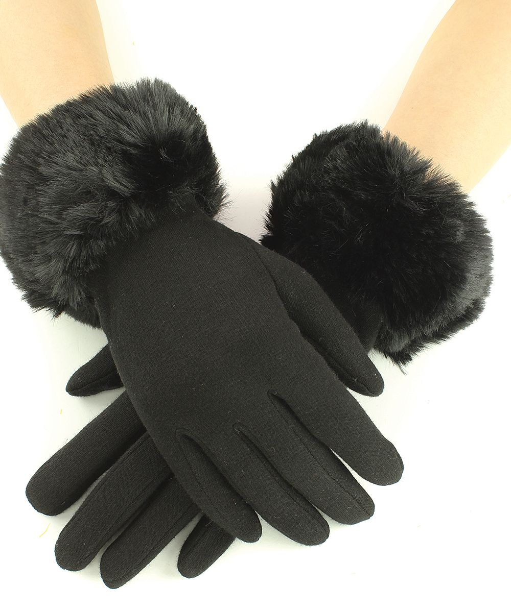 RQ Women's Casual Gloves BLACK - Black Faux Fur-Cuff Touch Screen Gloves | Zulily