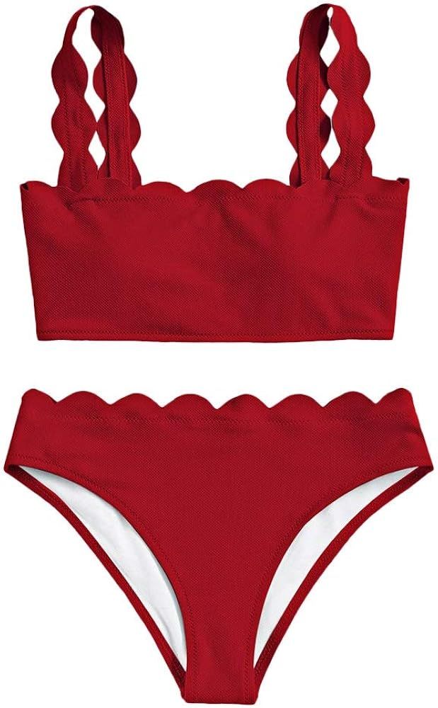 ZAFUL Women's Scalloped Textured Tankini Swimwear, High Waisted Wide Strap Adjustable Back Lace-u... | Amazon (US)
