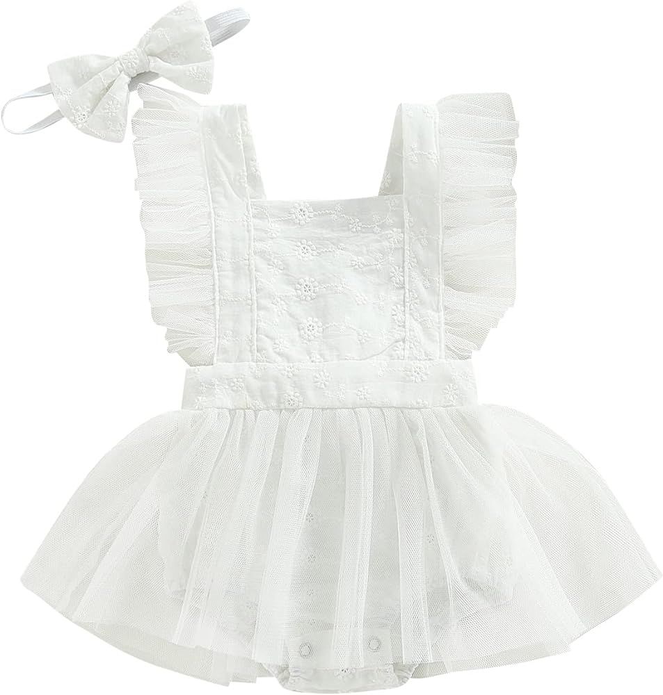 Baby Girls Summer Romper Dress Lace Tutu Skirt Ruffle Bodysuit Floral Print Jumpsuit Backless Ove... | Amazon (US)