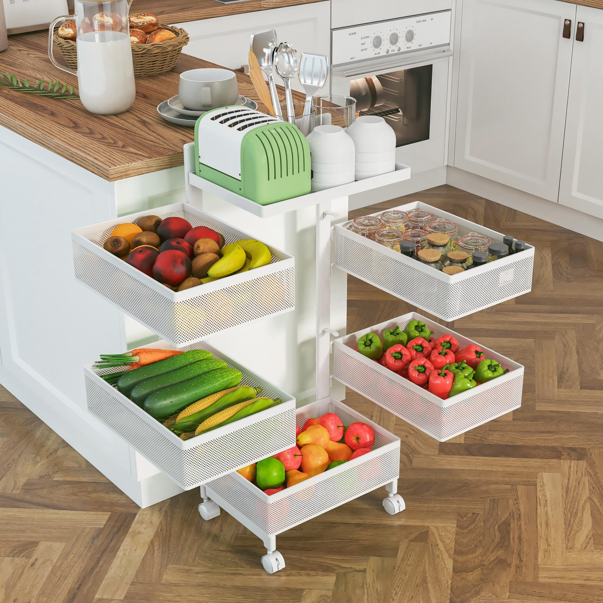 Fruit Basket for Kitchen No Assembly, Rolling Rotating Storage Cart,Bathroom Shelf,Mobile Metal U... | Amazon (US)