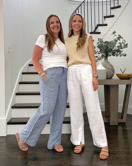 Simple summer wide leg linen pant look (wearing size 14 and 2) with staple tops (wearing size L and XS) with sandals and accessories 

#LTKworkwear #LTKtravel #LTKSeasonal