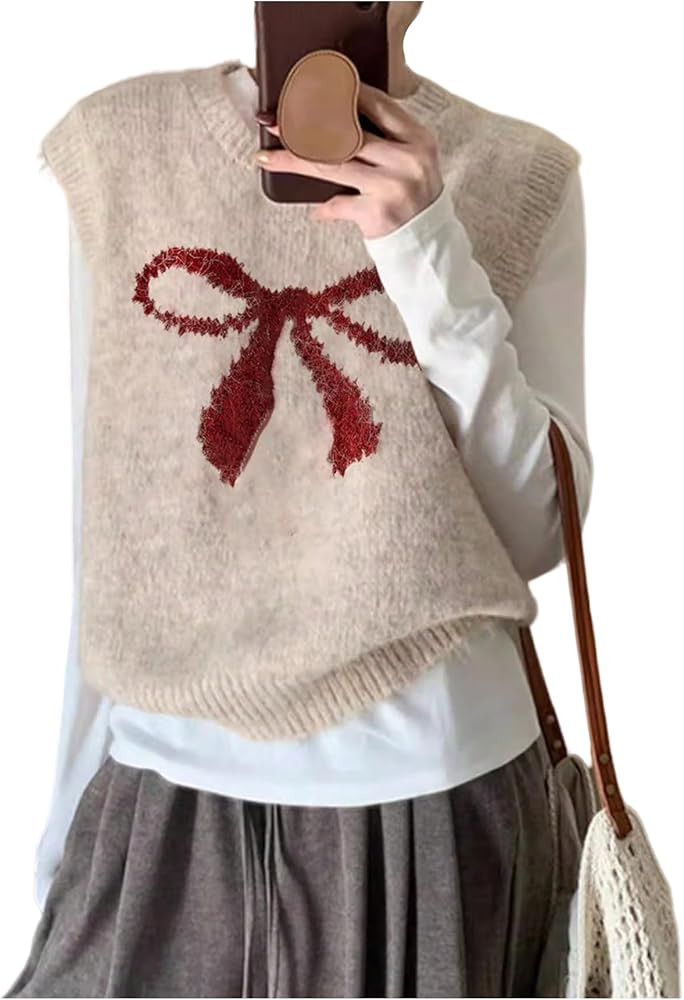 SweatyRocks Women's Bow Print Sleeveless Sweater Vest Trendy Crewneck Knit Pullover Tank Tops | Amazon (US)