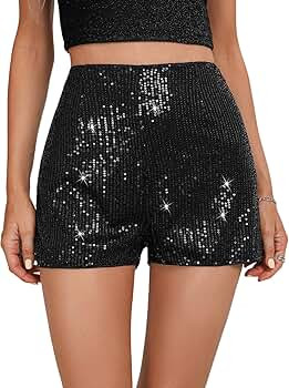 SweatyRocks Women's Sequins High Elastic Waist Straight Leg Shorts Solid Glitter Party Shorts | Amazon (US)