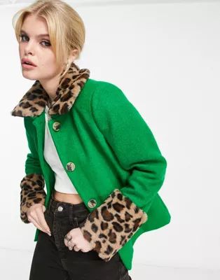 Only tailored jacket with leopard faux fur cuffs in green | ASOS (Global)
