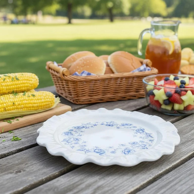Floral Ruffled-Edged Stoneware Plates, Blue and White, 8.5", 4 Count, by My Texas House | Walmart (US)