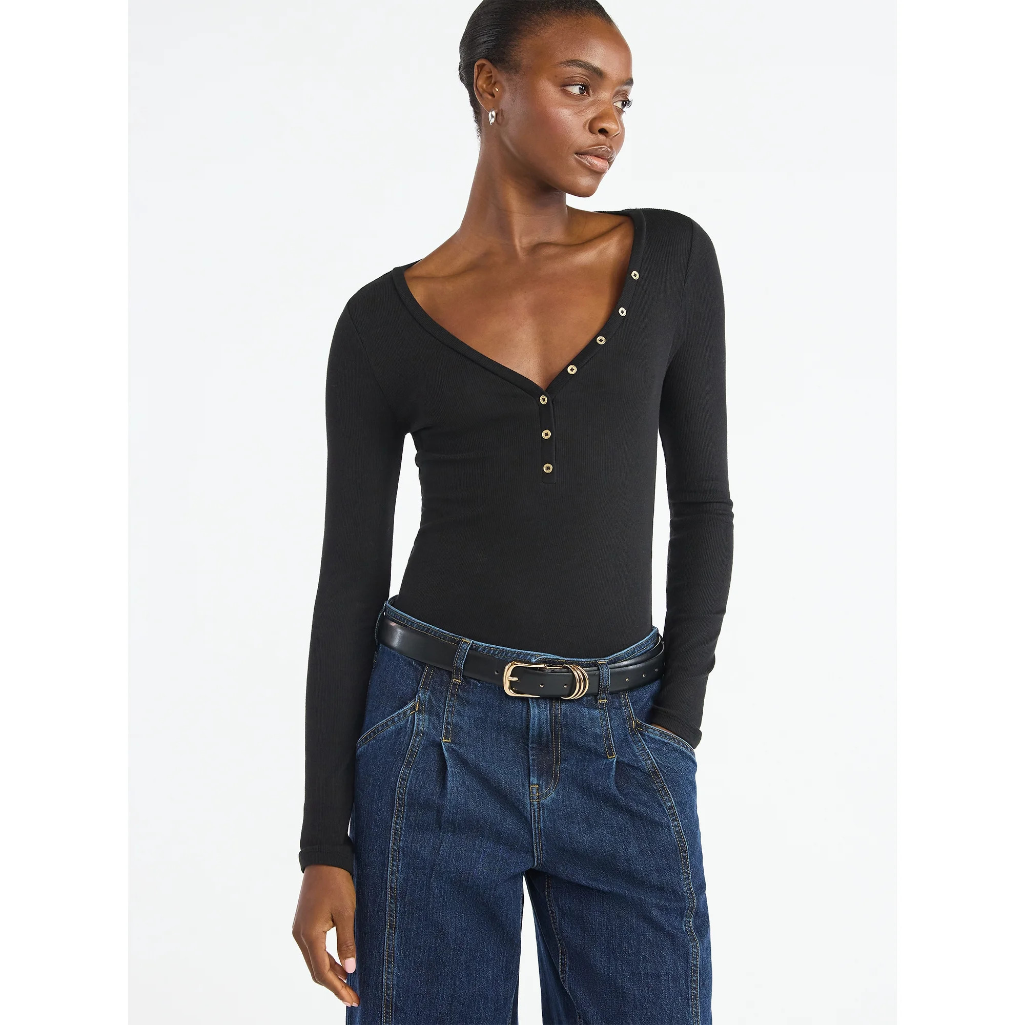 Scoop Women’s Ribbed V Neck Henley Top with Long Sleeves, Sizes XS-XXL | Walmart (US)