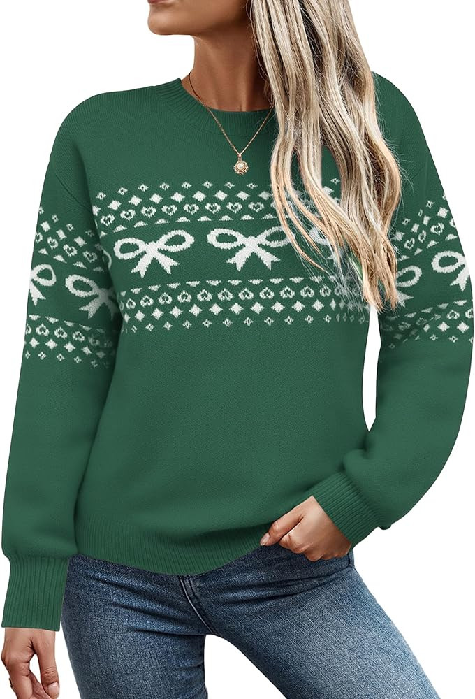 ECOWISH Bow Sweater Women Christmas Casual Long Sleeve Knit Tops Crew Neck Jumper Pullover Oversi... | Amazon (US)
