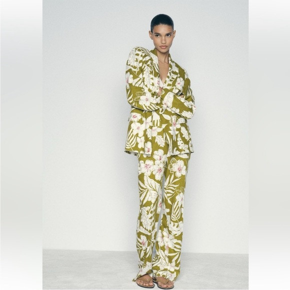 ZARA 2 PIECES MATCHING SET LINEN BLEND FLORAL PRINT BLAZER AND PANTS | Poshmark