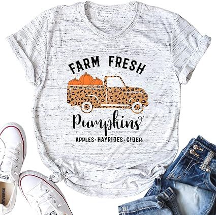 Hello Fall T Shirt Women Pumpkin Plaid Truck Graphic Tees Casual Short Sleeve Fall Top Shirt | Amazon (US)