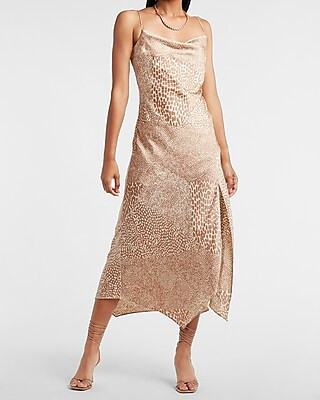 Satin Animal Print Cowl Neck Midi Slip Dress | Express