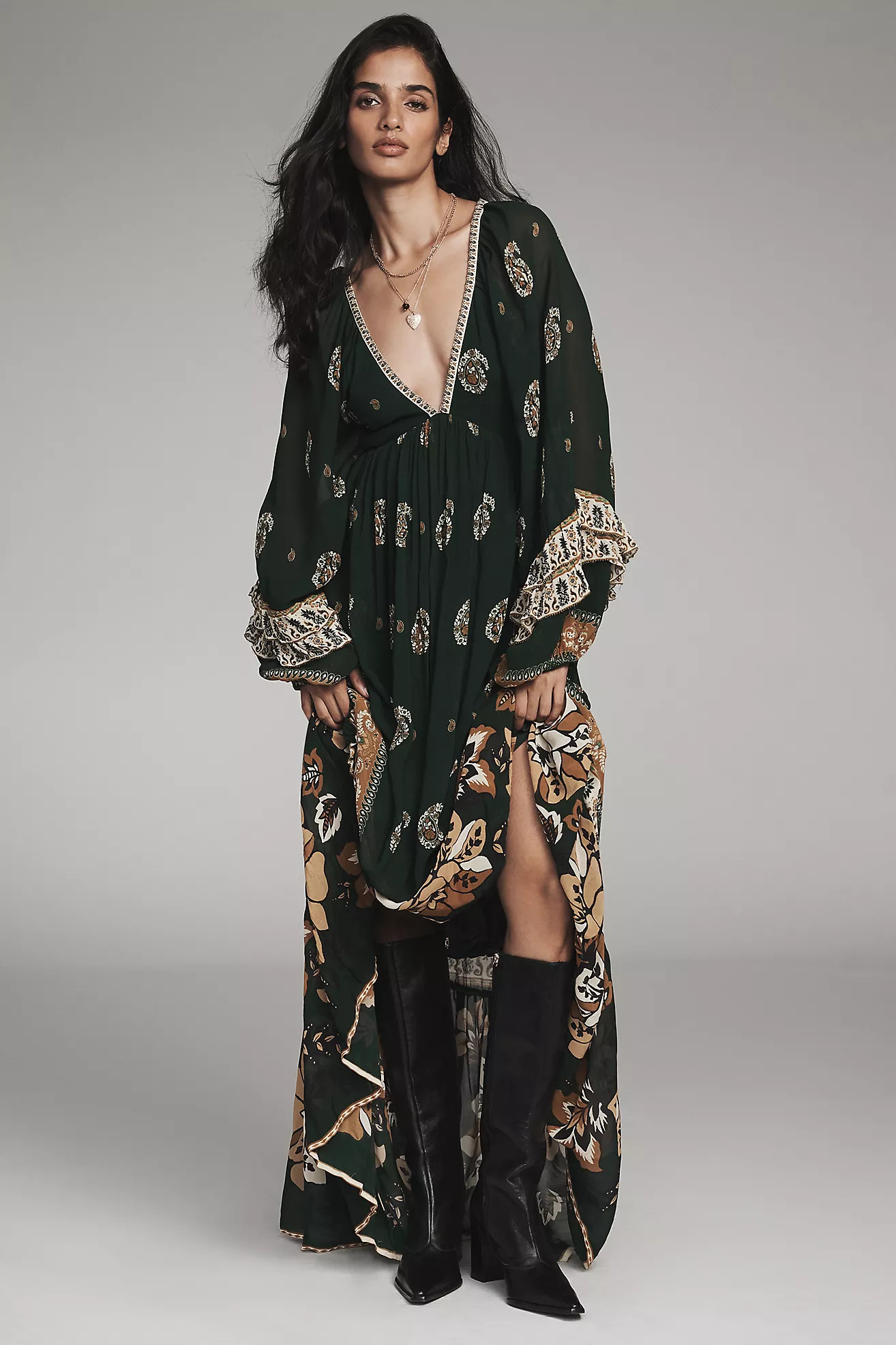 Farm Rio Ayla Long-Sleeve V-Neck Maxi Dress | Anthropologie (US)