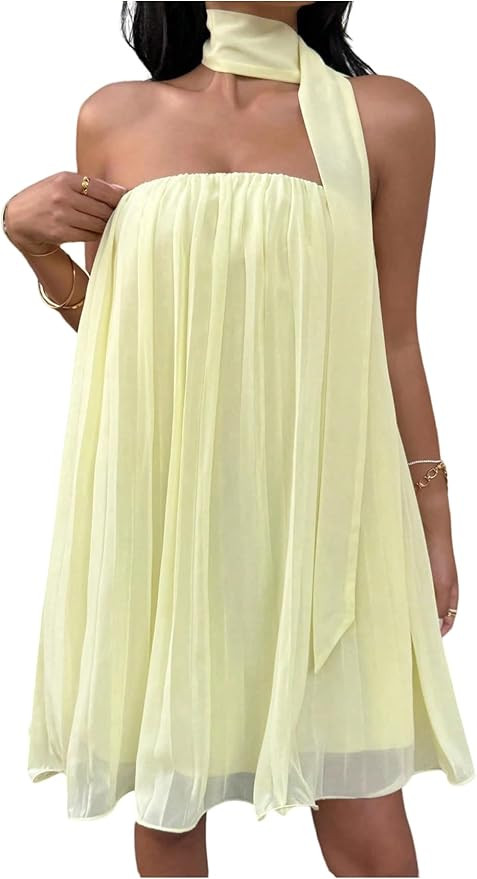 GORGLITTER Women's Strapless Ruffled Babydoll Mini Dress Wedding Sleeveless A Line Mesh Pleated T... | Amazon (US)