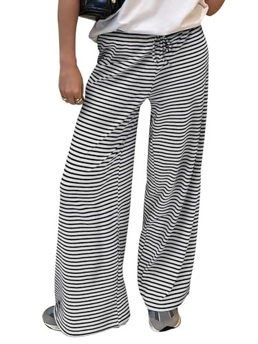 Trendy Queen Womens Striped Wide Leg Pants Casual Drawstring Travel High Waisted Baggy Lounge Pajama Ribbed Sweat Sweatpants with Pockets 2025 Fall Fashion Outfits Y2K Cute Clothes Black White XL | Amazon (US)