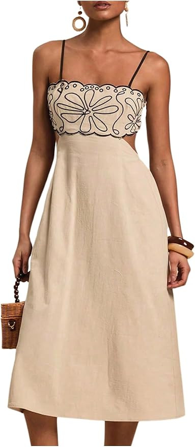 SOLY HUX Women's Midi Dress Embroidery Spaghetti Strap Cut Out A Line Flared Summer Cami Dresses | Amazon (US)