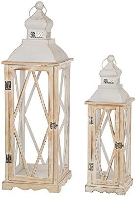 Glitzhome Farmhouse White Wood Metal Lanterns Decorative Hanging Candle Lanterns Set of 2 | Amazon (US)