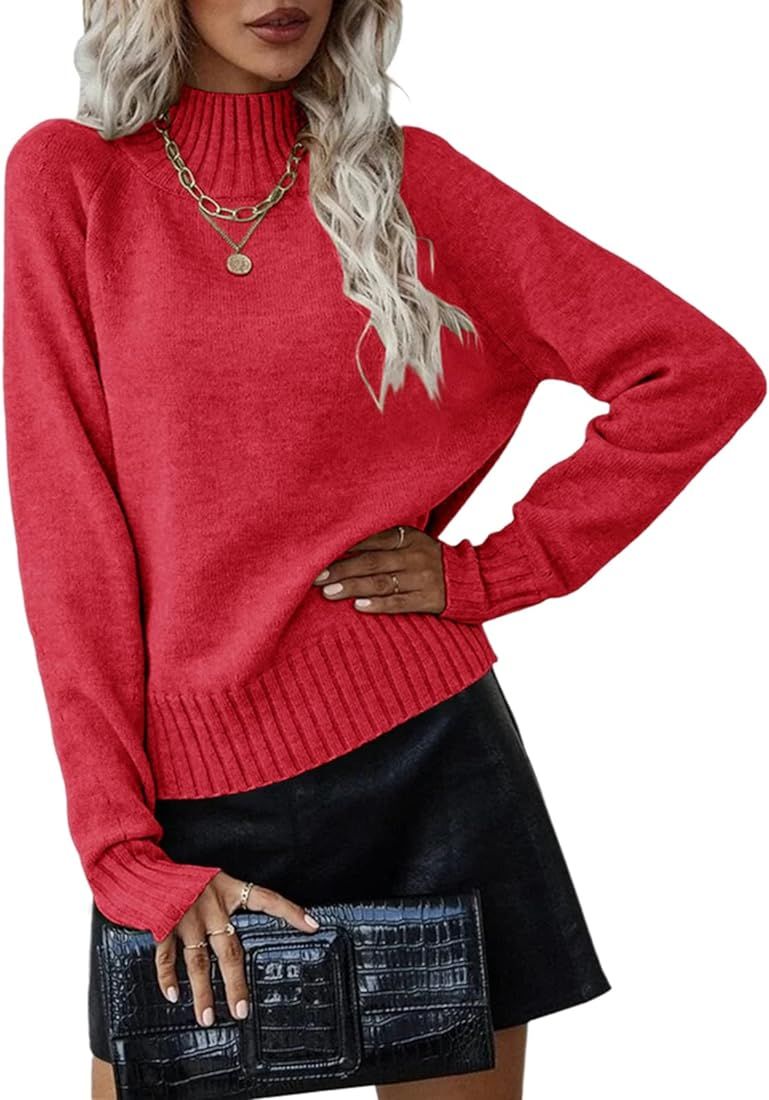 Ferrtye Womens Mock Neck Raglan Sleeve Pullover Sweaters Turtleneck Long Sleeve High Low Loose Fit C | Amazon (US)