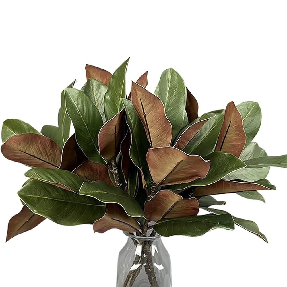 4Pcs Artificial Magnolia Leaves with Stems Fake Magnolia Leaf Branches Fake Greenery Stems for Ho... | Amazon (US)