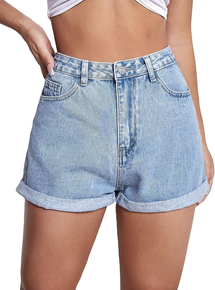 MakeMeChic Women's Skinny Jean Shorts High Waisted Rolled Hem Stretch Denim Shorts | Amazon (US)