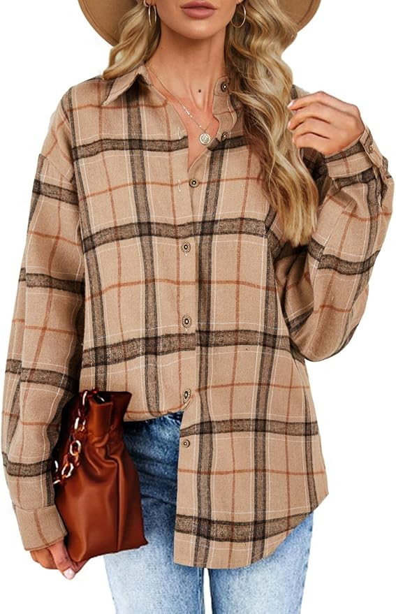 Women's Long Sleeve Plaid Shirts Flannel Collared Button Down Shacket Casual Rolled Up Boyfriend ... | Amazon (US)