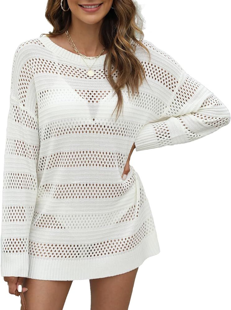 Women Swimsuit Crochet Swim Cover Up Hollow Out Oversized Long Sleeve Mesh Shirt Top 2024 Summer ... | Amazon (US)