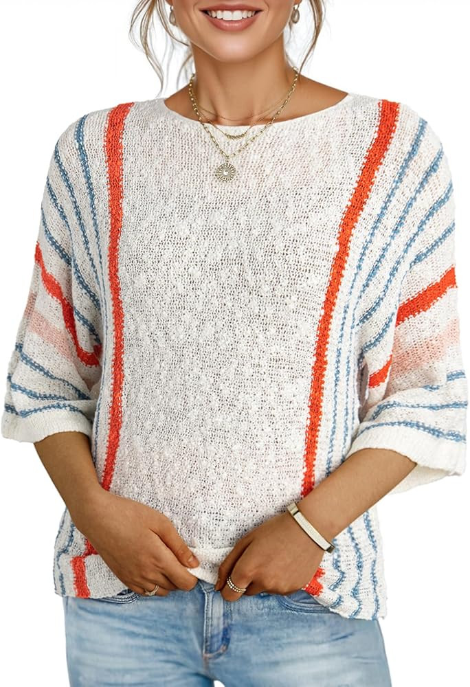 Dokotoo Womens 2026 Spring Summer Casual Crewneck 3/4 Sleeve Striped Lightweight Knit Trendy Boho... | Amazon (US)