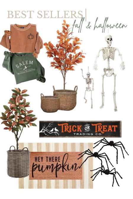 Fall and Halloween home decor favorites and best sellers! Fall sweatshirts pumpkin Salem hocus Pocus autumn oak tree baskets outdoor planters skeletons posable and mini trick or treat sign jute scatter rug and doormat welcome mat large spiders magnolia tree faux artificial silk trees and plants target Amazon nearly natural Etsy seasonal harvest porch and front door decor fall outfits oversized spiders 

#LTKhome #LTKSeasonal #LTKHalloween