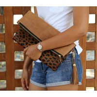 Leopard Clutch With Tassel, Foldover Leopard Print, Fold Over Leather Clutch, Calf Hair | Etsy (US)