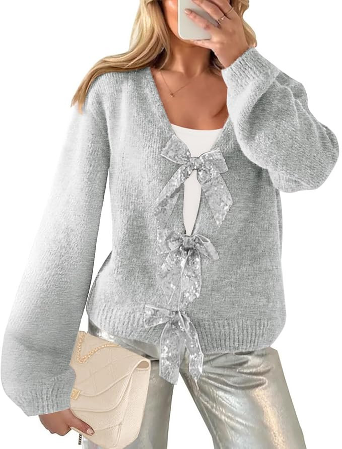 Women’s 2024 Fall Winter Bow Knot Cardigan Sweater Long Sleeve Open Front V Neck Chunky Knit Ca... | Amazon (US)