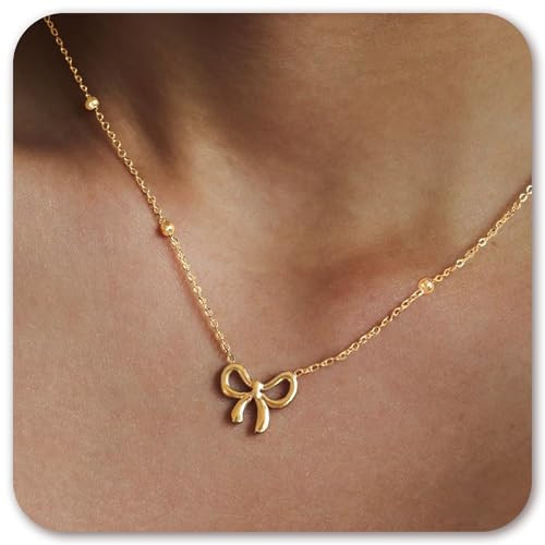 DAYANEY Gold Bow Necklace Dainty 14k Gold Plated Necklace, Bow Jewelry Gold Beaded Choker Necklaces for Woman, Waterproof Pendant Necklace as Cute Ribbon Necklaces with Bowknot Ball for Girls | Amazon (US)