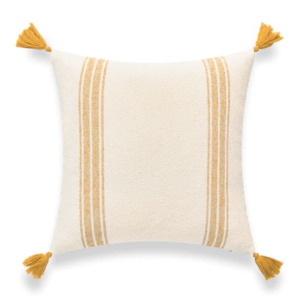 Modern Boho Moroccan Throw Pillow Cover, Golden Yellow Striped Tassels, 20"x20" | Hofdeco