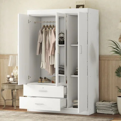 3-Door Mirror Wardrobe with Spacious Shelves and Lockable Drawers, Perfect for Organized Storage and Modern Bedrooms | Wayfair North America