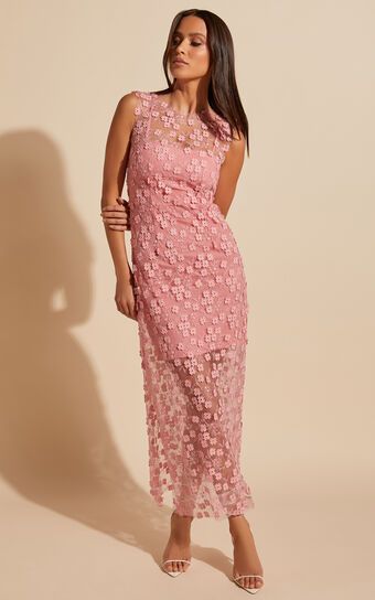 Hazel Midi Dress - 3D Flower Net Bodycon Dress in Pink | Showpo (US, UK & Europe)
