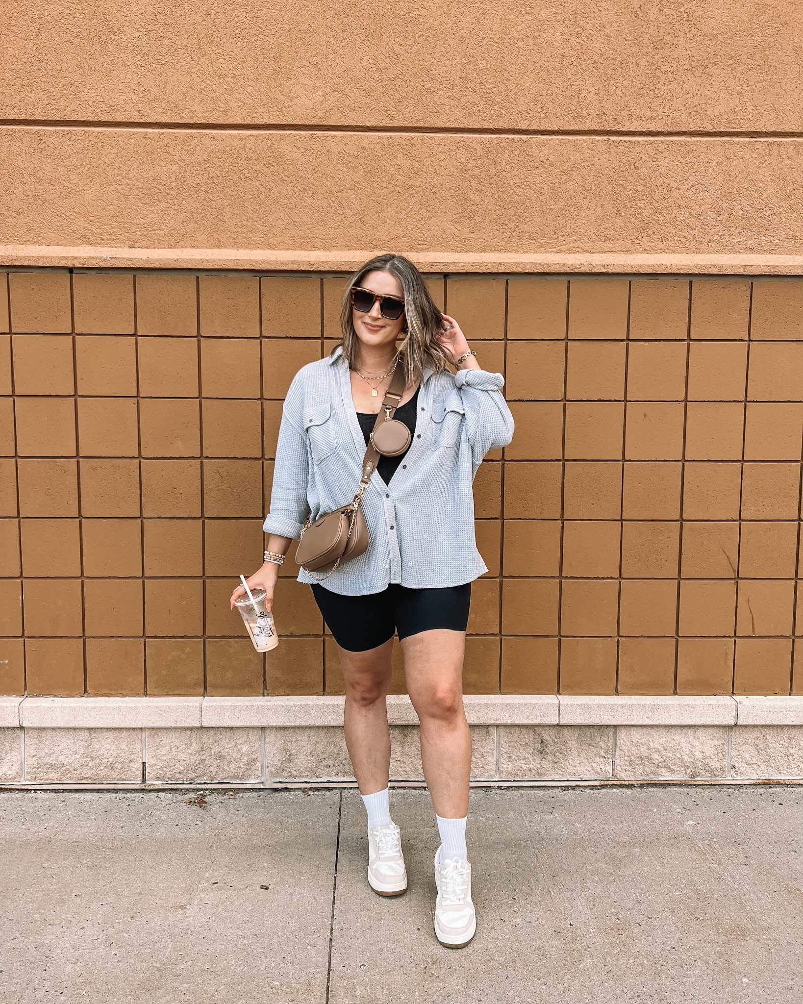 Midsize summer to fall outfit - waffle shacket (size M), tank top with built in bra (size M), black biker shorts (size L), neutral sneakers (TTS)


#LTKmidsize #LTKstyletip #LTKSeasonal