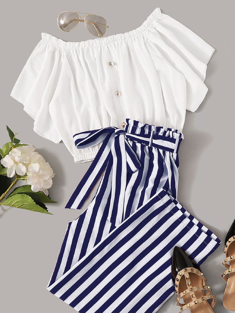 SHEIN Frilled Button Bardot Top & Striped Paperbag Waist Pants Set | SHEIN