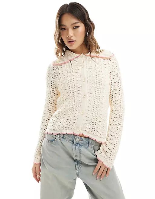 ASOS DESIGN open stitch cardigan with baby pink scallop in ecru | ASOS (Global)